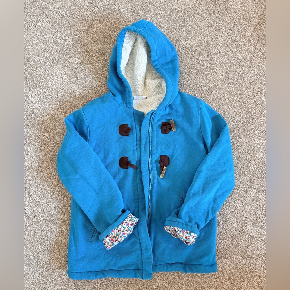 Hanna Andersson Blue Fleece Hooded Toggle Coat with Floral cuffs